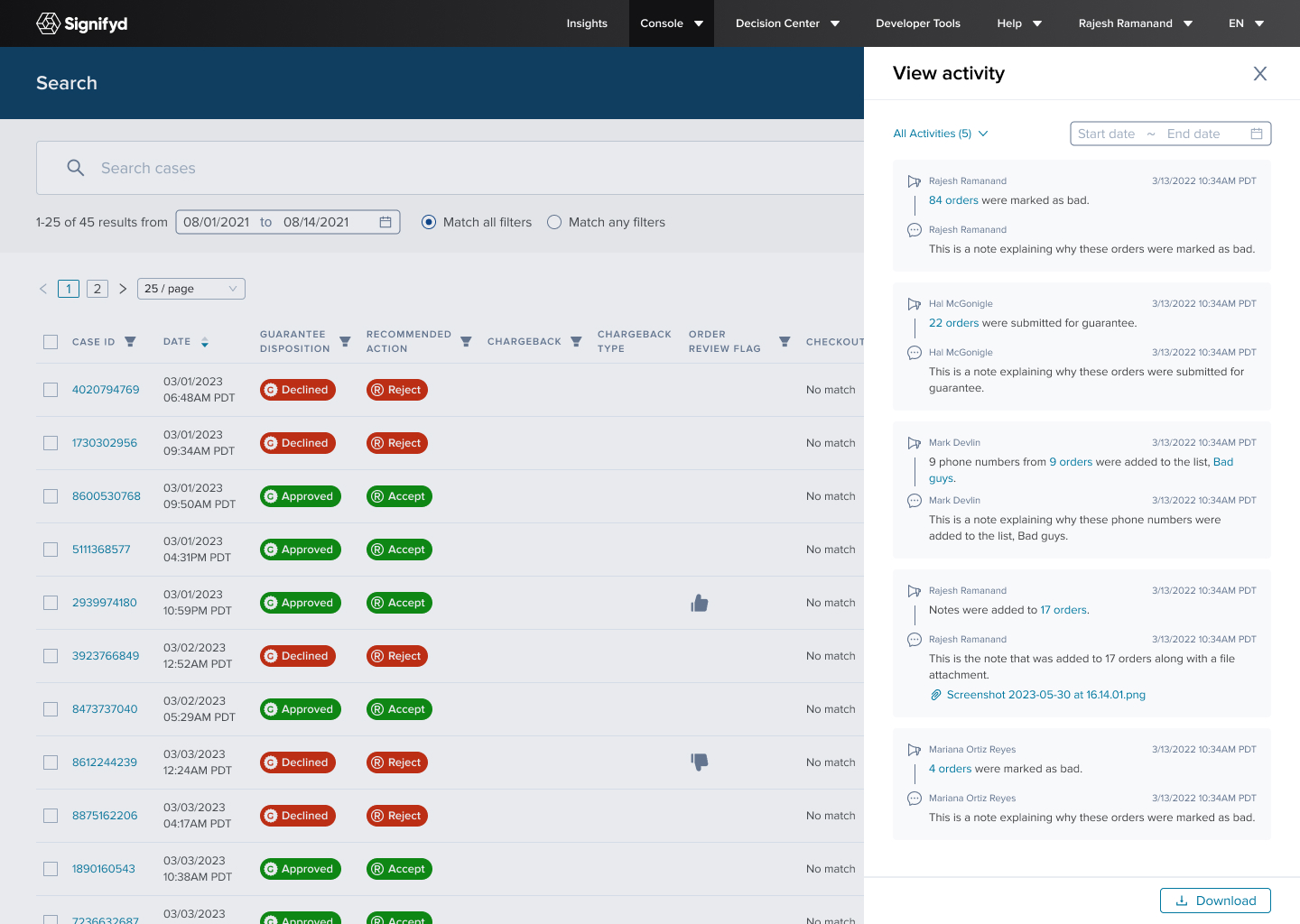 View Activity panel — bulk action audit trail